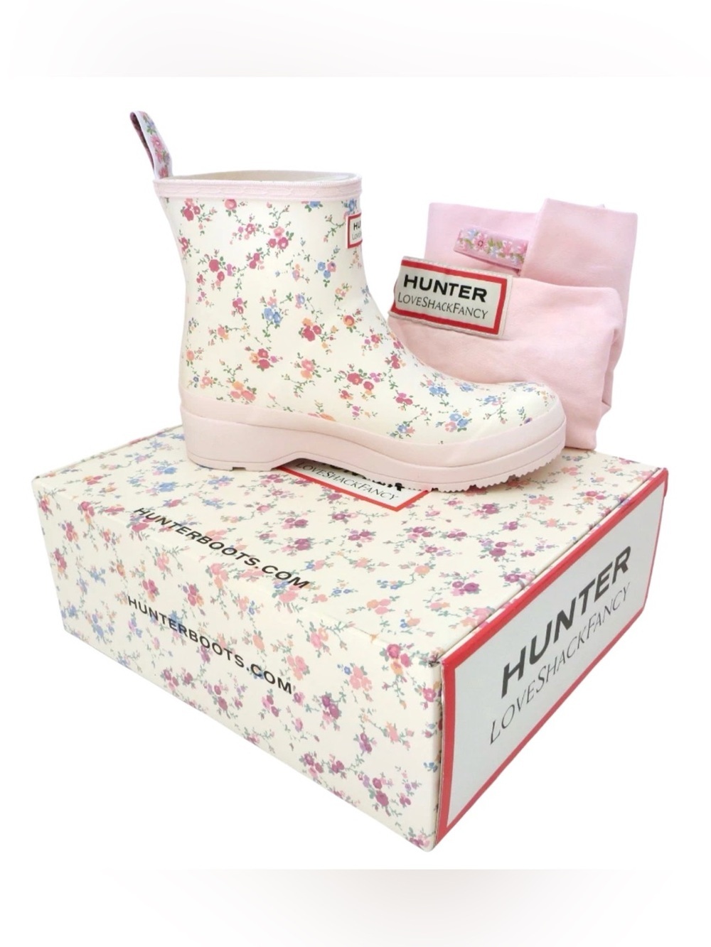 Hunter x LoveShackFancy Pink Floral Knee-High Rain Boots Wellies